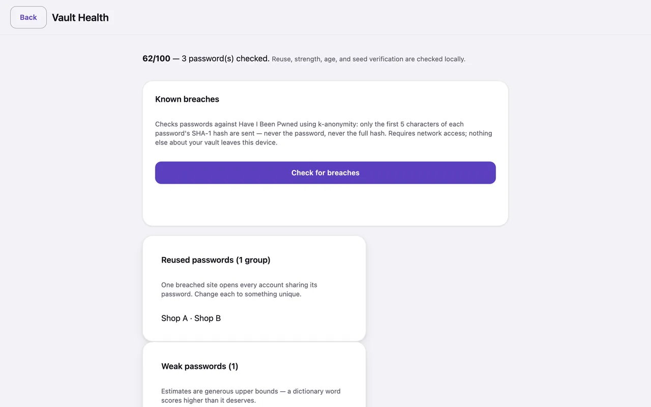 Vault Health on the desktop: a score, reused and weak passwords, and seed phrases that fail verification, all computed on the device.