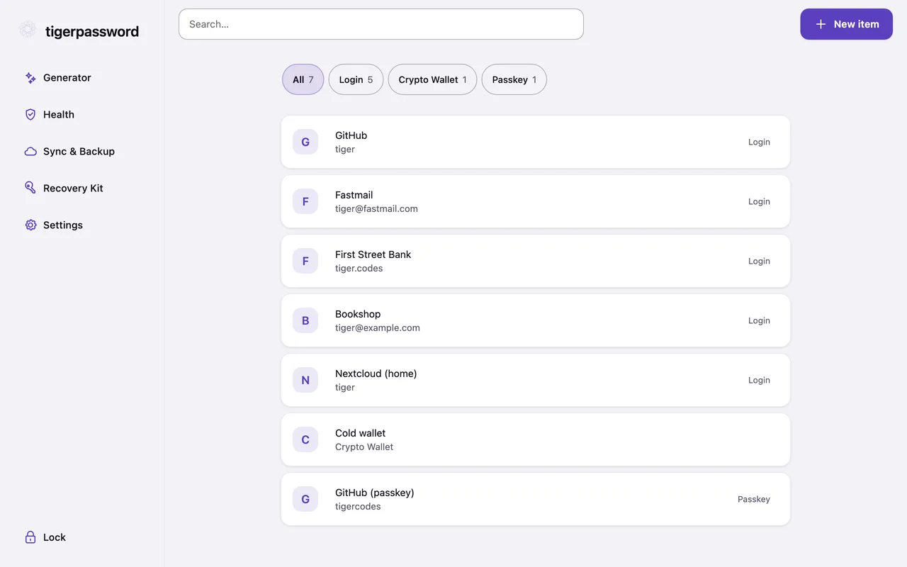The tigerpassword vault on a desktop: a sidebar with Generator, Health, Sync & Backup, Recovery Kit and Settings, a search box, and a list of logins, a crypto wallet and a passkey.