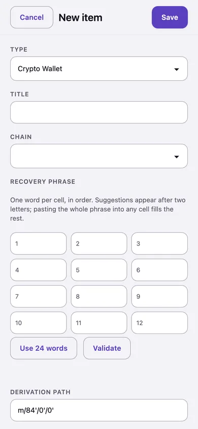 Entering a recovery phrase on a phone: twelve numbered cells, each with one word.