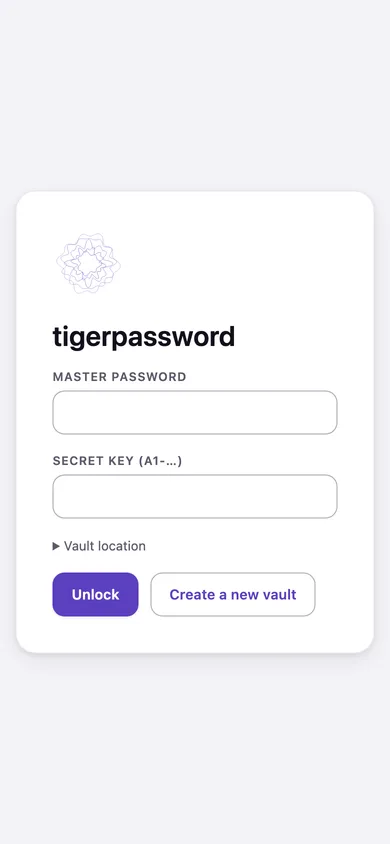 The lock screen on a phone: master password, "This device remembers the Secret Key", and a link to scan the Secret Key QR from another device.