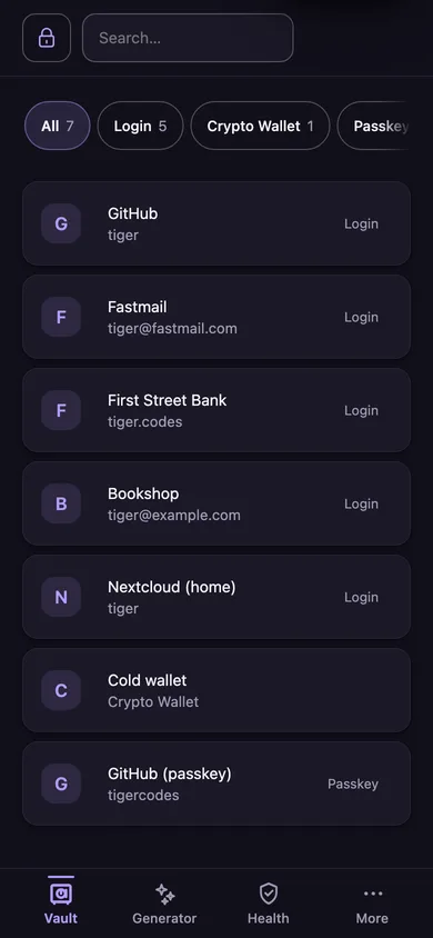 The vault list on a phone in dark mode with a bottom tab bar.